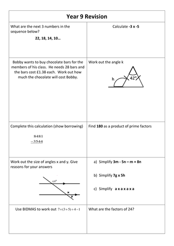 Year 9 foundation revision sheet