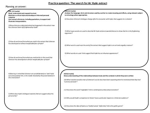 Jekyll and Hyde AQA NEW SPEC EXTRACT QUESTION AO-focused planning sheet