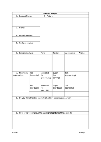 Product Analysis Sheet | Teaching Resources
