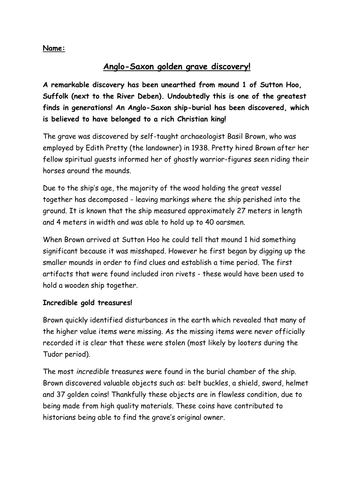 Anglo Saxons Comprehension - Sutton Hoo Grave discovery report style text KS2 Year 4/5