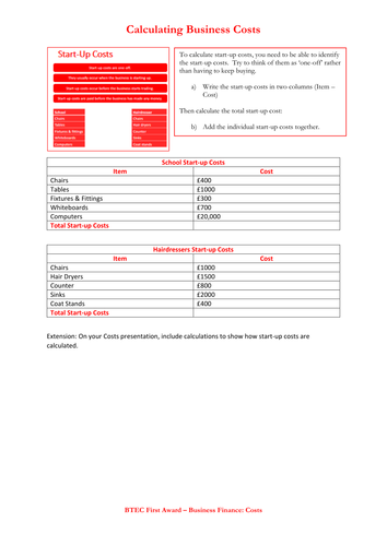 BTEC First Award Business - Finance: Costs practice