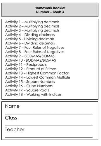 Differentiated Homework / Worksheet Booklet - Mathemaitcs - Number - KS3 Exceeding / Grade 3 GCSE