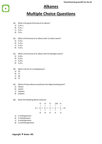 Assessment: Alkane Multiple Choice Chemistry Questions