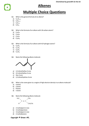 Assessment: Alkenes Multiple Choice Chemistry Questions