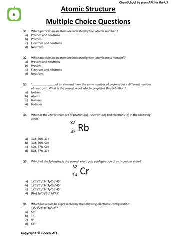 Assessment: Atomic Structure Multiple Choice Chemistry Questions