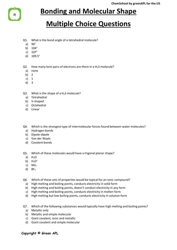 Assessment: Bonding and Molecular Shape Multiple Choice Chemistry Questions