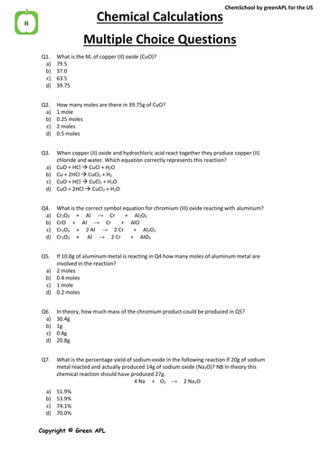 Assessment: Chemical Calculations Multiple Choice Chemistry Questions