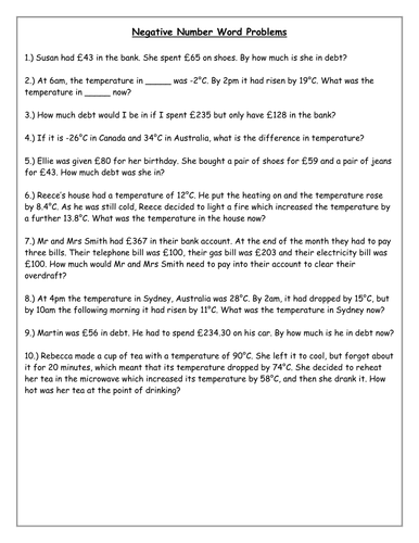 Negative Word Problems Differentiated x 3 UKS2
