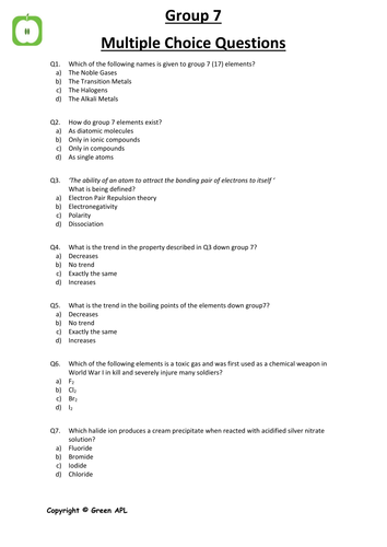 AQA style A Level Multiple Choice Chemistry Questions Collection
