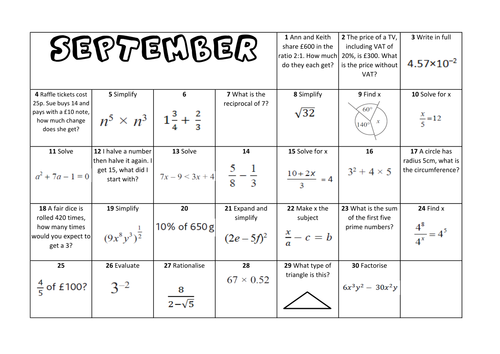 Question a Day Calendar Maths - September KS3/4