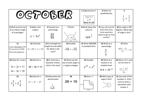 Question a Day Calendar  (Maths) - October KS3/4