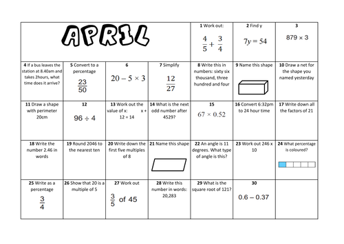 Question a Day Calendar (Maths) - April KS2