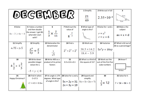 Question a Day Calendar (Maths) December KS3/4 Teaching Resources