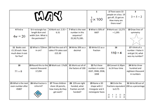 Question a Day Calendar (Maths) - May KS2
