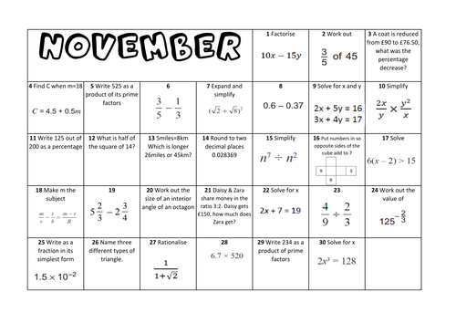 Question a Day Calendar (Maths) - November KS3/4
