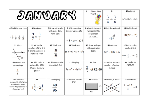 Question a Day Calendar (Maths)- Full Year KS3/4