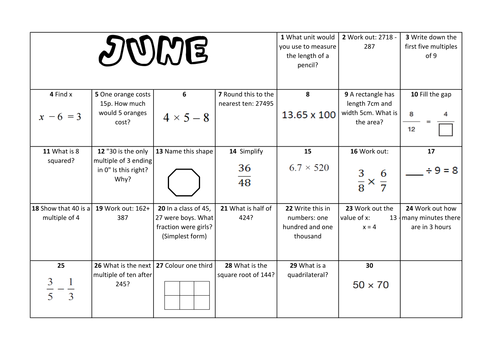 Question a Day Calendar (Maths) - June KS2