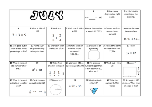 Question a Day Calendar (Maths) - July KS2