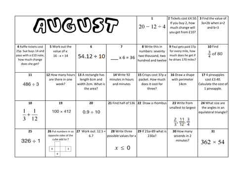 Question a Day Calendar (Maths) - August KS2