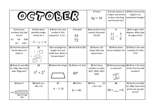 question a day calendar maths october ks2 by laurajanetutoring