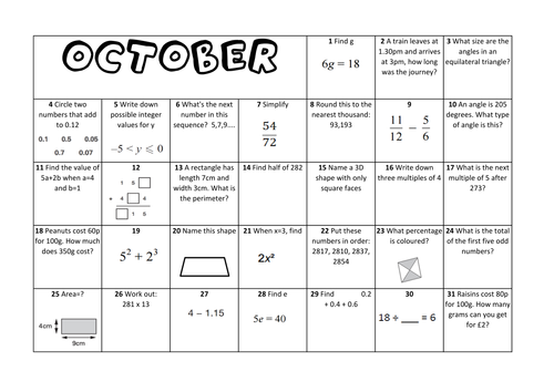 Question a Day Calendar (Maths) - October KS2