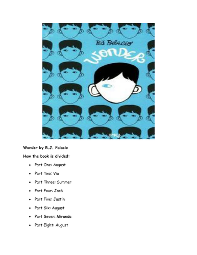 Wonder by R.J Palacio booklet containing questions and activities for every section