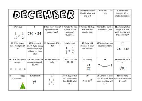 Question a Day Calendar (Maths) - December KS2 by ...