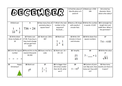 Question a Day Calendar (Maths) - December KS2