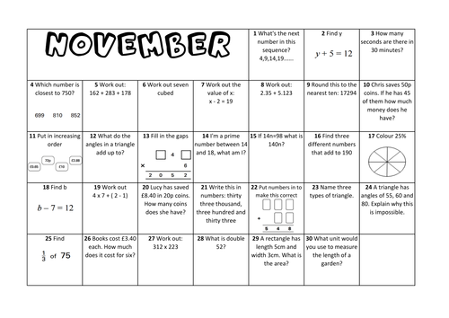 Question a Day Calendar (Maths) - November KS2