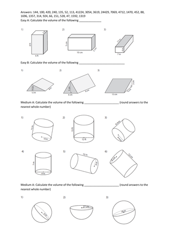 volume worksheet with answers 3d shapes teaching resources