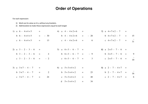 Order of Operations - Add brackets to the expressions to make the target values