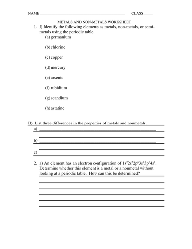 METALS AND NON METALS WORKSHEET WITH ANSWERS