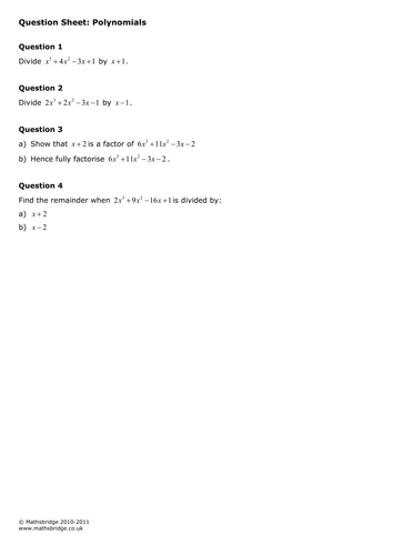 Polynomials, Factor and Remainder Theorem Practice Questions