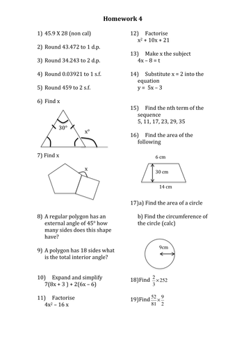 Mathematics GCSE D/C Homework 4
