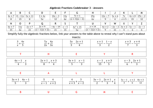Algebraic Fractions Codebreakers By Alutwyche Teaching Resources Tes