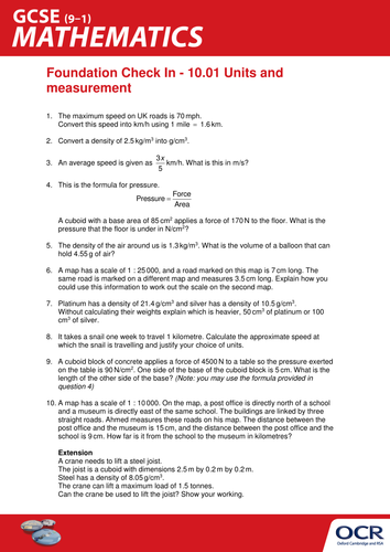 OCR Maths: Foundation GCSE - Check In Test 10.01 Units and measurement