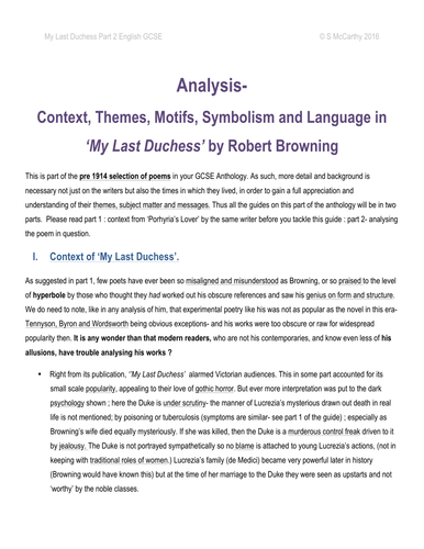 English GCSE Anthology: My Last Duchess part 2: Context, Themes, Motifs, Symbolism and Language.