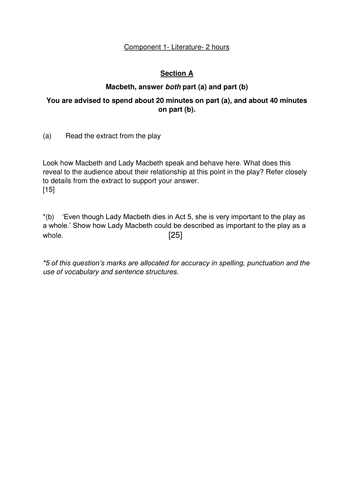 Eduqas Gcse English Literature Example Paper Component 1 Teaching Resources