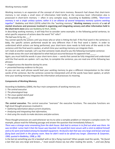 Working memory model. cognitive psychology. Edexcel. baddeley