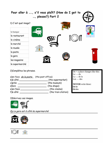 En face de / a cote de / pres de / loin de + places in town worksheet