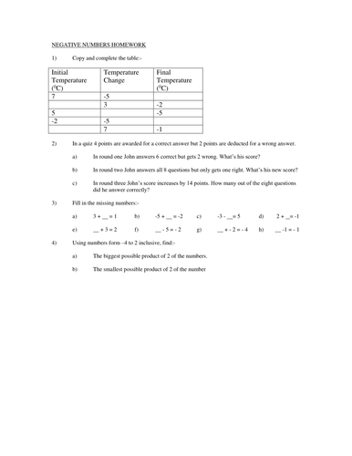 Negative numbers homework tes picture
