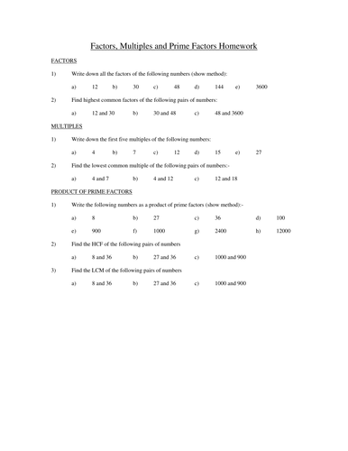 Factors, Multiples and Prime Factors Homework