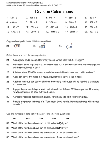 Year 4 division calculations with missing digits