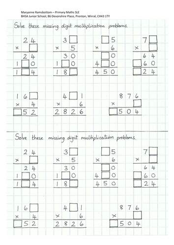 Missing digit multiplication problems