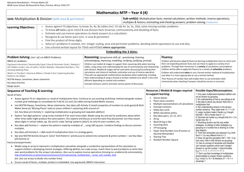 Year 4 Medium Term Planning - Multiplication, Division & Area