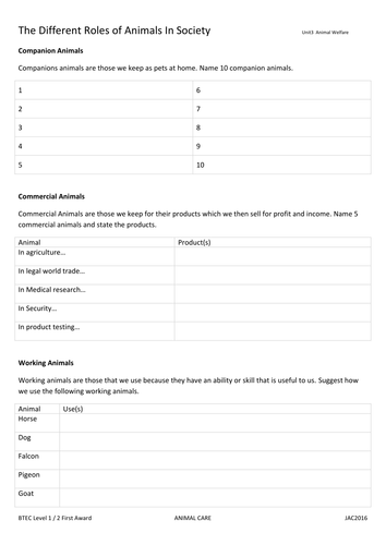 worksheet animal welfare Resources  BTEC  TES  Care  Teaching Animal Gnomes'