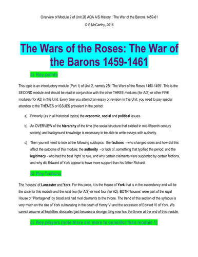 History A/S overview of Module 2 Unit 2B The Wars of the Roses- The War of the Barons 1459-61