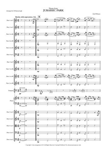 Jurassic Park For School Ensemble Parts Conductor Score
