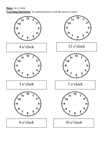 Year 1 - Telling the Time to o'clock
