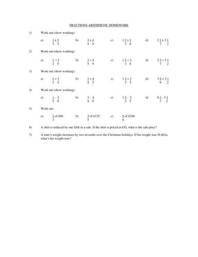 Fractions Arithmetic Review Homework